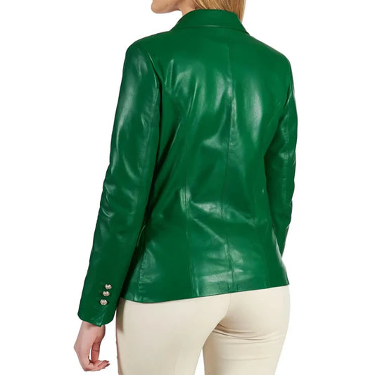 Women's Green Double Breasted Leather Coat-Women Leather Jacket-Premium Leather Store