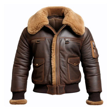 Men's Brown Aviator Lapel Faux Shearling Bomber Leather Jacket-Men Shearling Jacket-Premium Leather Store