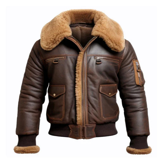 Men's Brown Aviator Lapel Faux Shearling Bomber Leather Jacket-Men Shearling Jacket-Premium Leather Store