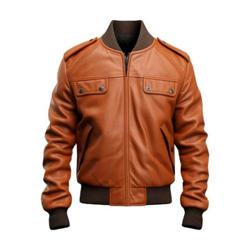 Men's Tan Strap Pocket Bomber Leather Jacket