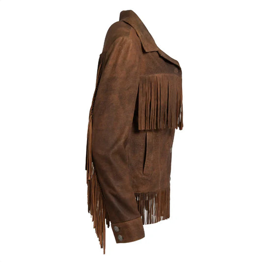 Women's Brown Leather Fringe Jacket-Women Leather Jacket-Premium Leather Store