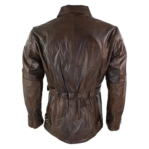 Brown Quarter Length German Motorcycle Leather Coat-Men Leather Coat-Premium Leather Store