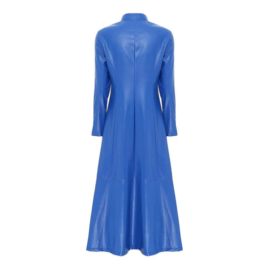 Blue Full-Zip Ankle-Length Genuine Leather Trench Coat-Women Leather Coat-Premium Leather Store