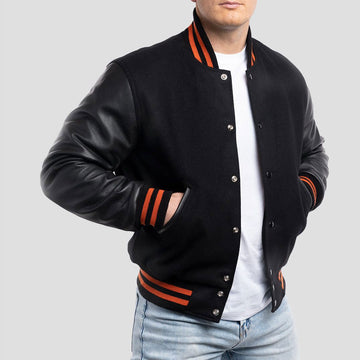 Black Wool Varsity Jacket with Black Leather Sleeves and Orange Stripes