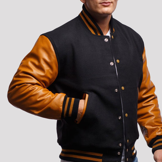 Black Wool Varsity Jacket with Old Gold Leather Sleeves