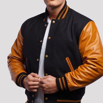 Black Wool Varsity Jacket with Old Gold Leather Sleeves