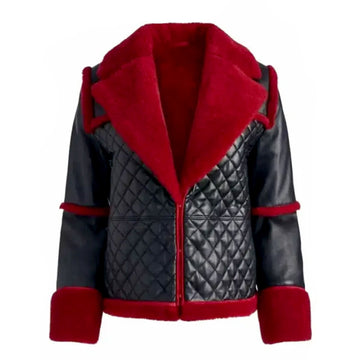 Women's Black Leather and Red Faux Shearling Aviator Jacket