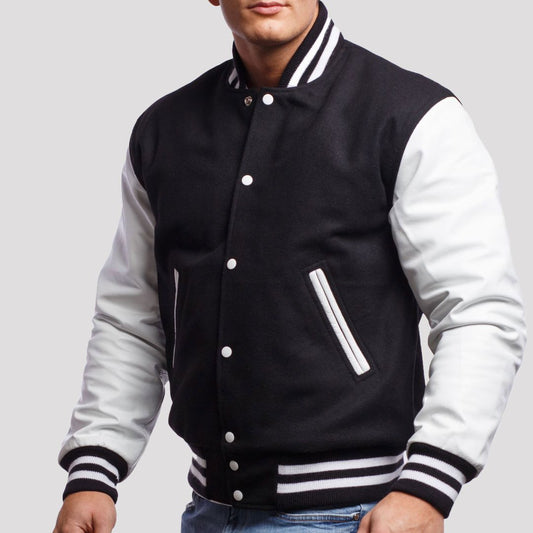 Black Wool Varsity Jacket with Bright White Leather Sleeves