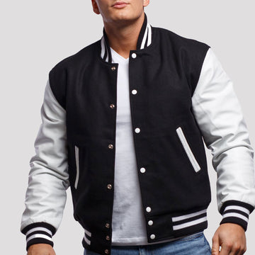 Black Wool Varsity Jacket with Bright White Leather Sleeves