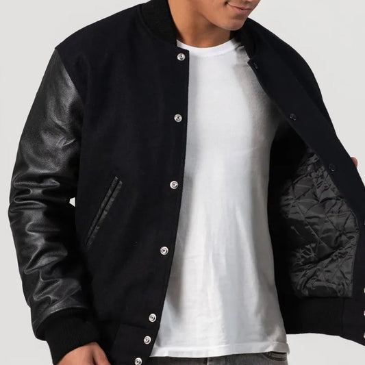 Black Wool Varsity Jacket with Black Leather Sleeves