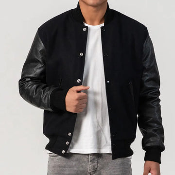 Black Wool Varsity Jacket with Black Leather Sleeves