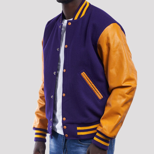 Purple Wool Varsity Jacket with Bright Gold Leather Sleeves