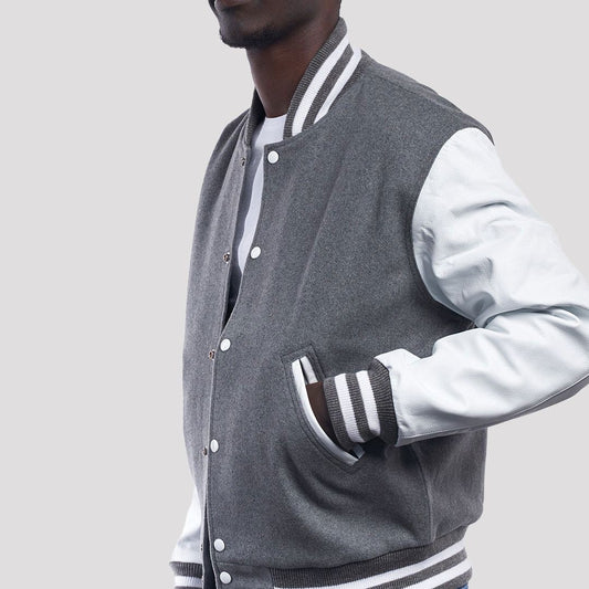 Light Oxford Wool Varsity Jacket with Bright White Leather Sleeves