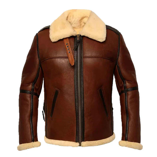 Men's Brown Aviator B3 Bomber Leather Jacket-Men Shearling Jacket-Premium Leather Store