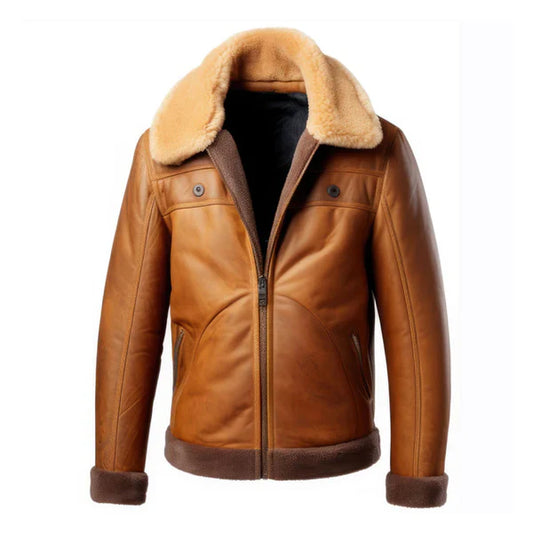 Men's Brown B3 Faux Shearling Zipper Leather Jacket-Men Shearling Jacket-Premium Leather Store