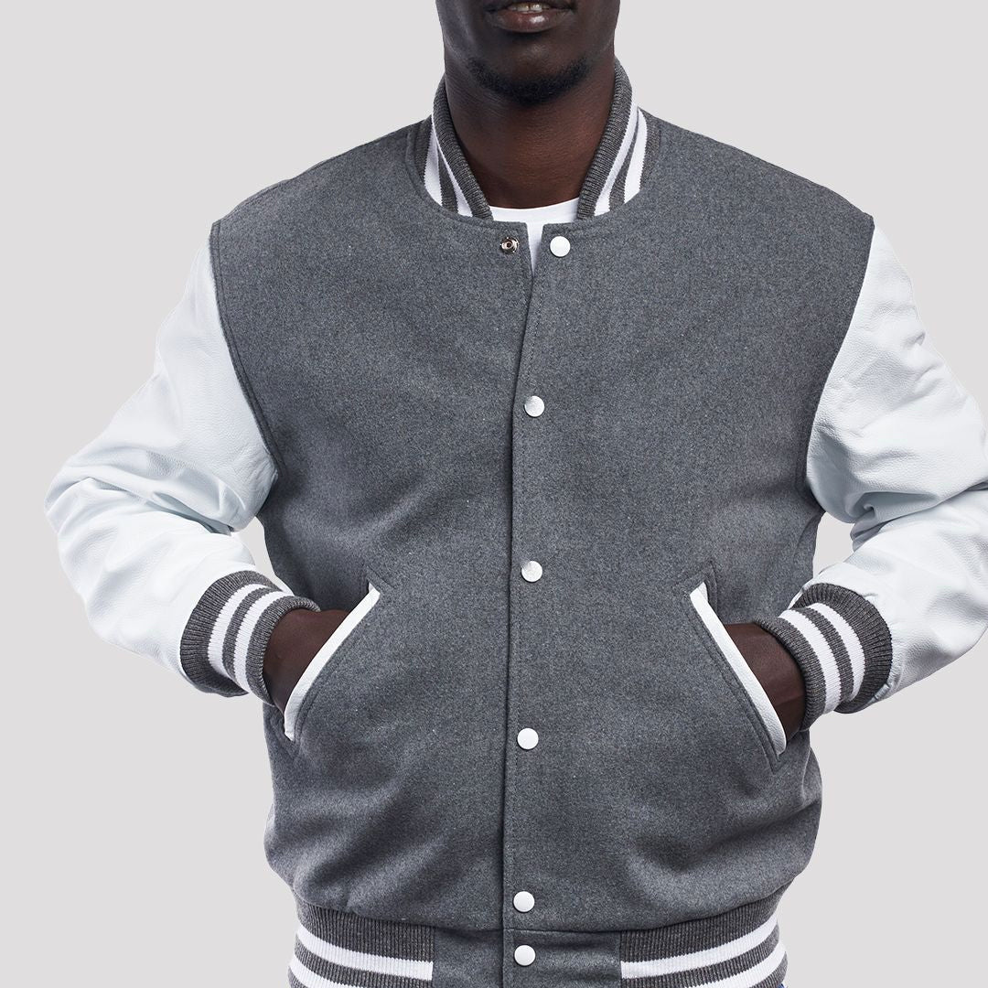 Light Oxford Wool Varsity Jacket with Bright White Leather Sleeves