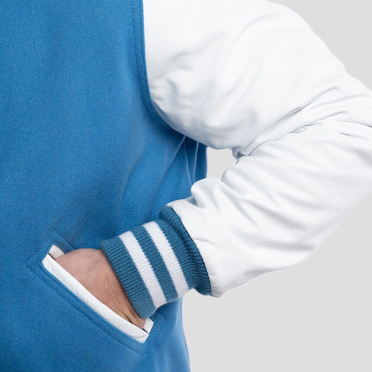 Newark Blue Wool Varsity Jacket with Bright White Leather Sleeves