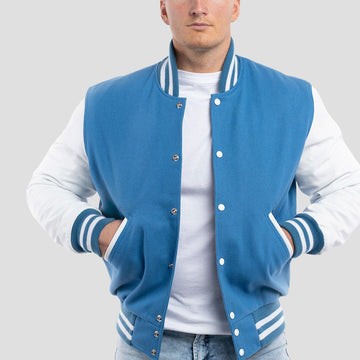 Newark Blue Wool Varsity Jacket with Bright White Leather Sleeves