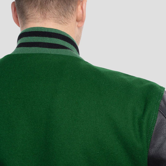 Kelly Green Wool Varsity Jacket with Black Leather Sleeves