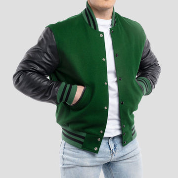 Kelly Green Wool Varsity Jacket with Black Leather Sleeves