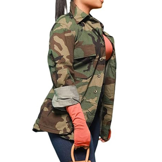 Women’s Military Style Long Sleeve Blazer Camo Jacket