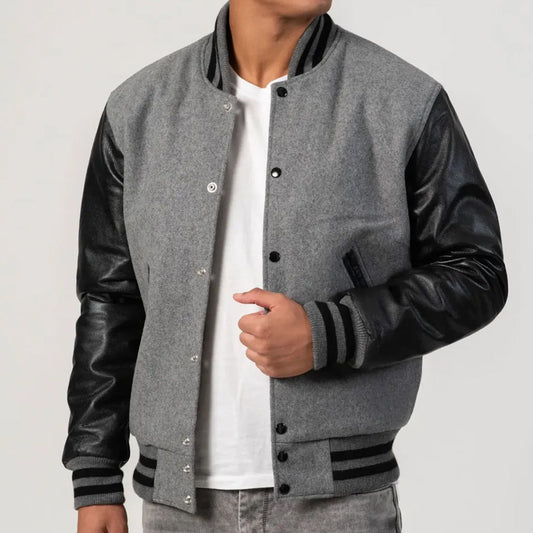 Light Oxford Wool Varsity Jacket with Black Leather Sleeves