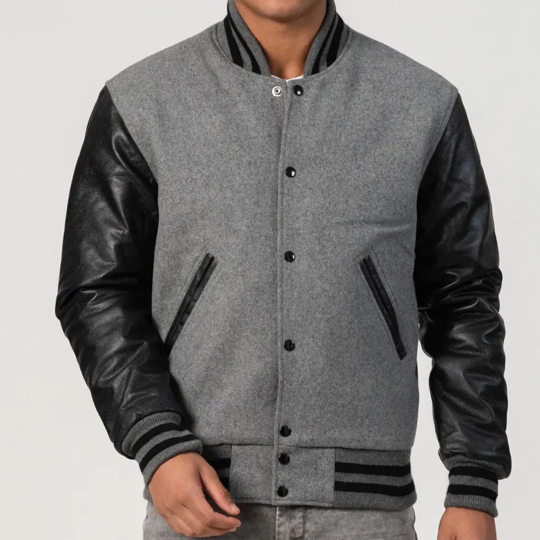 Light Oxford Wool Varsity Jacket with Black Leather Sleeves