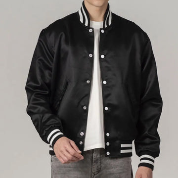 Black Satin Varsity Jacket with White Stripes