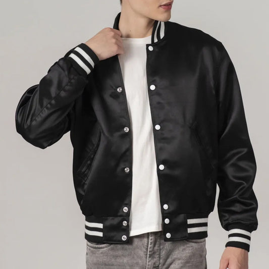 Black Satin Varsity Jacket with White Stripes