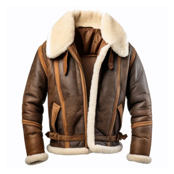 Men's Brown Aviation Faux Shearling Lapel Leather Jacket-Men Shearling Jacket-Premium Leather Store