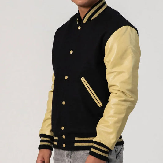 Black Melton Wool Body & Vegas Gold Leather Sleeves Varsity Jacket