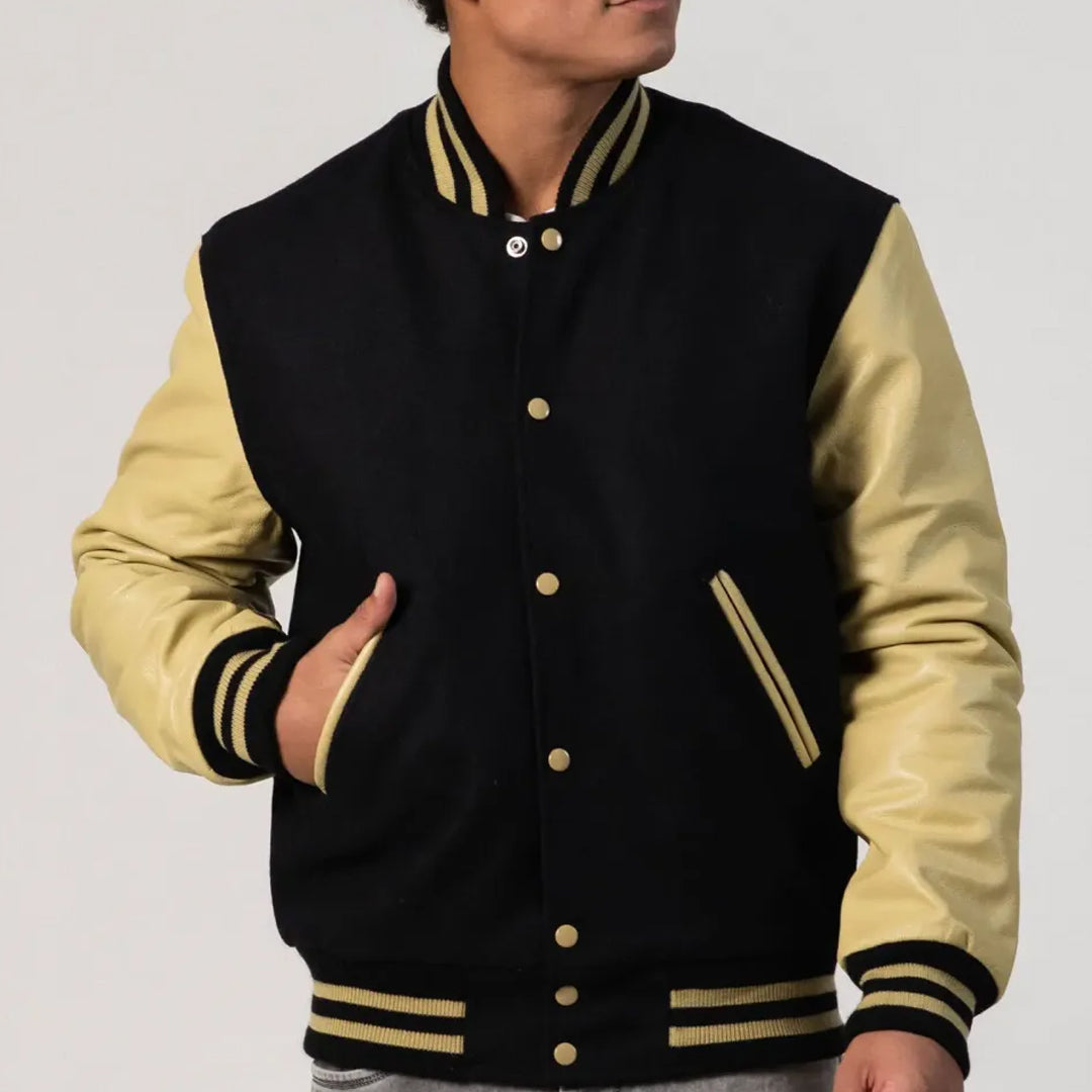 Black Melton Wool Body & Vegas Gold Leather Sleeves Varsity Jacket