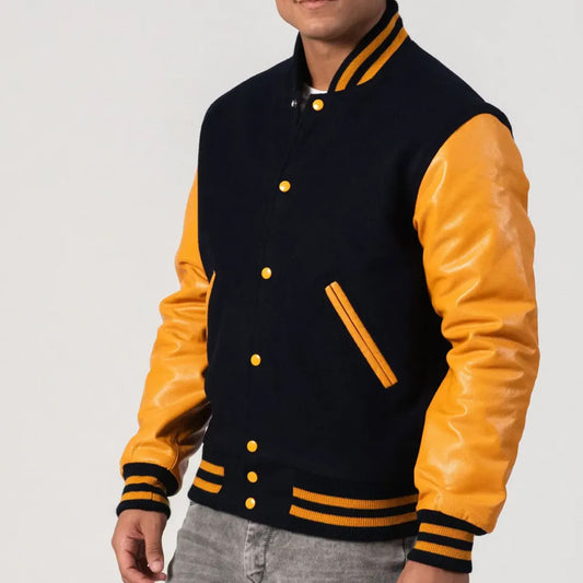 Black Wool Body Varsity Jacket with Bright Gold Leather Sleeves