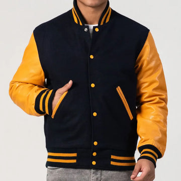 Black Wool Body Varsity Jacket with Bright Gold Leather Sleeves