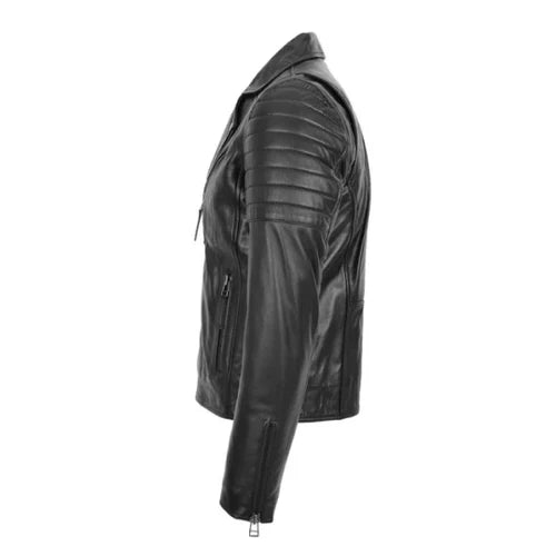 Men's Black Dual Zip Cross Biker Leather Jacket