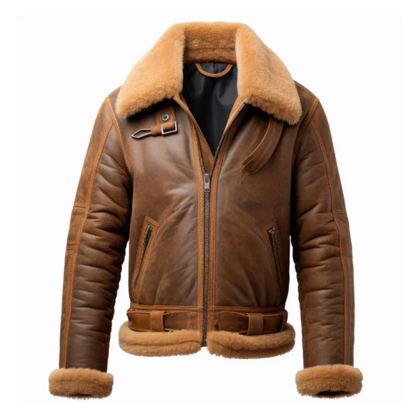 Men's Brown B3 Faux Shearling Zipper Pockets Leather Jacket-Men Shearling Jacket-Premium Leather Store