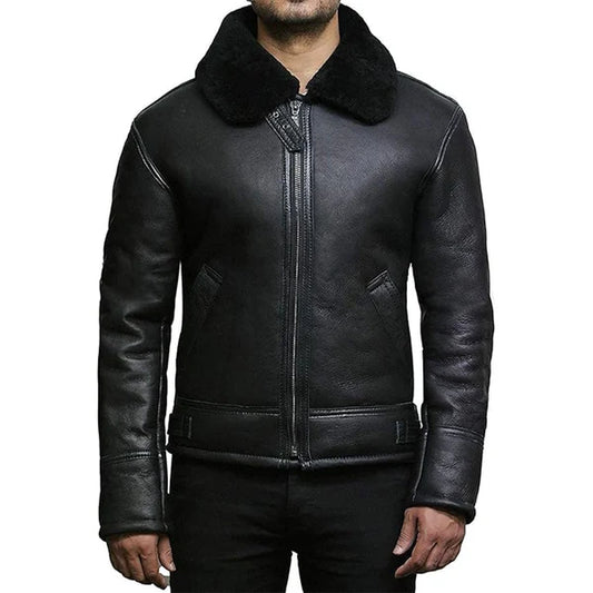 Men's Black Faux Shearling Real Leather Jacket-Men Shearling Jacket-Premium Leather Store