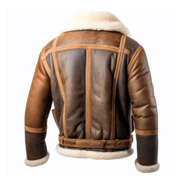 Men's Brown Aviation Faux Shearling Lapel Leather Jacket-Men Shearling Jacket-Premium Leather Store