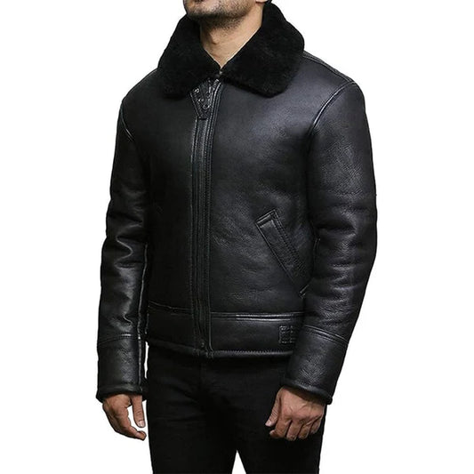 Men's Black Faux Shearling Real Leather Jacket-Men Shearling Jacket-Premium Leather Store