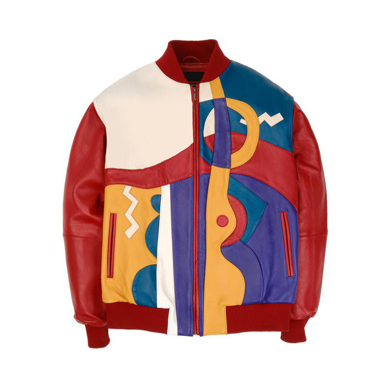 Men's Red Pecaso With Beige Style Leather Jacket