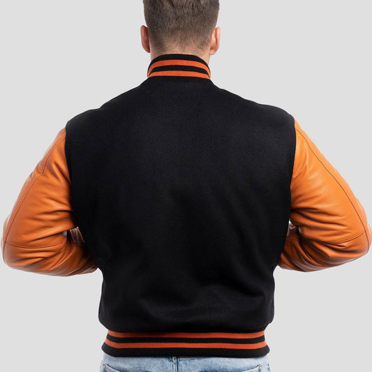 Black Wool Varsity Jacket with Orange Leather Sleeves