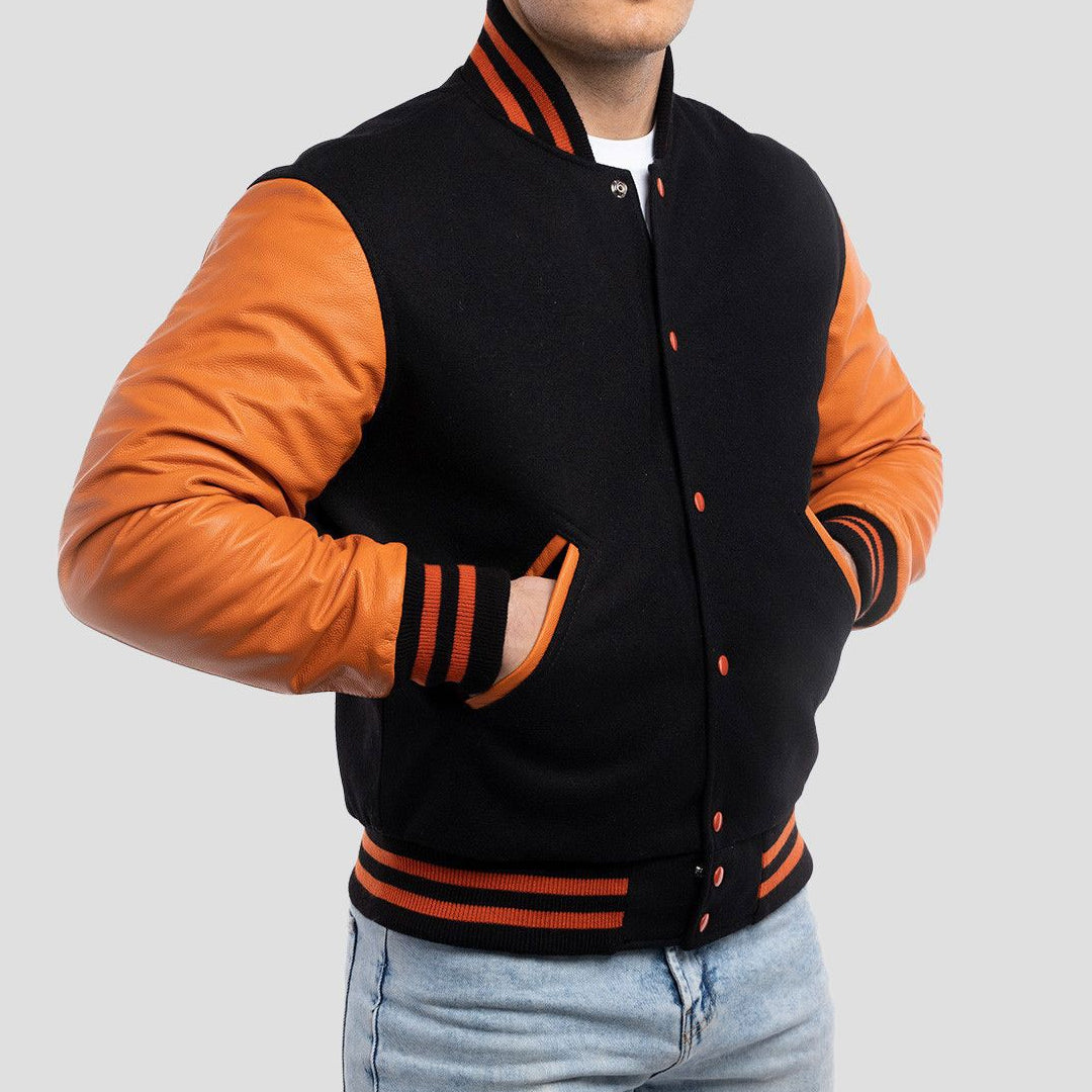 Black Wool Varsity Jacket with Orange Leather Sleeves