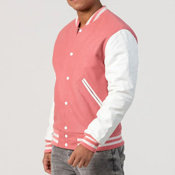 Pink Wool Varsity Jacket with Bright White Leather Sleeves