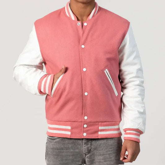 Pink Wool Varsity Jacket with Bright White Leather Sleeves