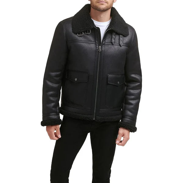 Men's Black Faux Shearling Real Leather Jacket-Men Shearling Jacket-Premium Leather Store