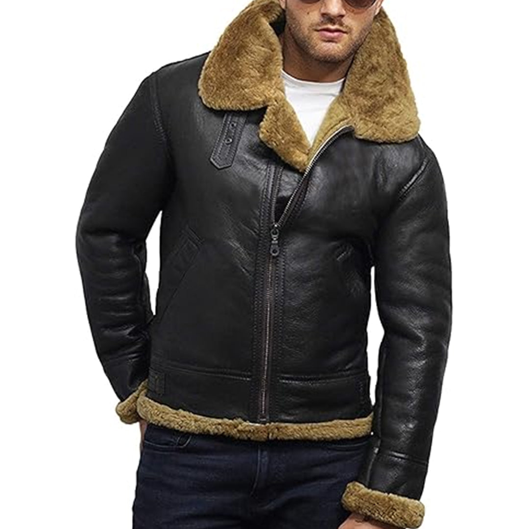 Men's B3 Faux Shearling Flying Genuine Bomber Leather Jacket-Men Shearling Jacket-Premium Leather Store