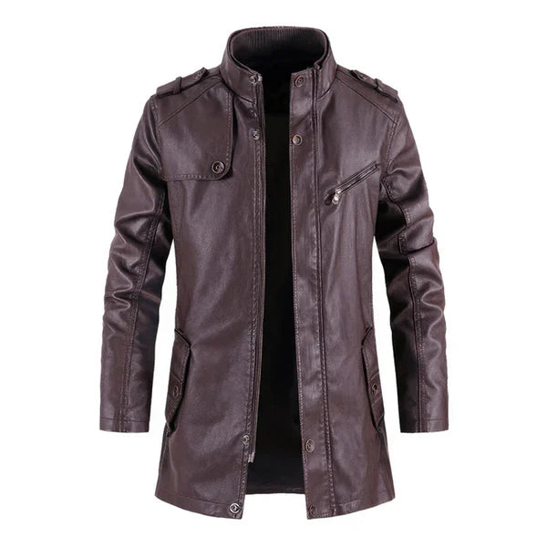 Wine Stand Collar Casual Vintage Leather Biker Coat-Men Leather Coat-Premium Leather Store