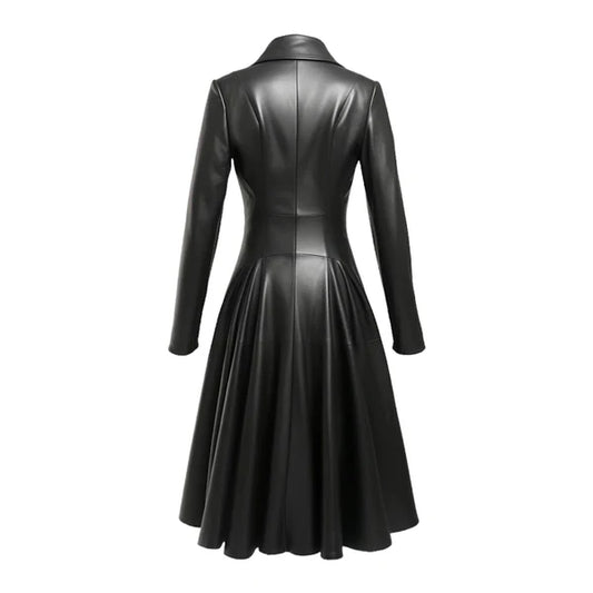 Women's Black Nexa Long Classic Leather Coat-Women Leather Coat-Premium Leather Store