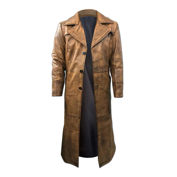 Brown Distressed Vintage Below Knee Long Leather Coat-Men Leather Coat-Premium Leather Store