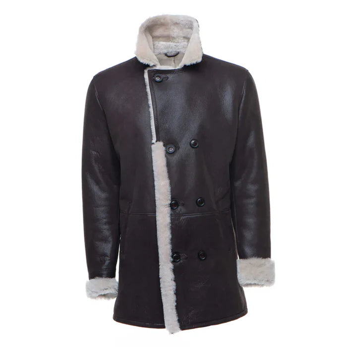 Black Jozef's Buttoned Shearling Leather Coat-Men Leather Coat-Premium Leather Store